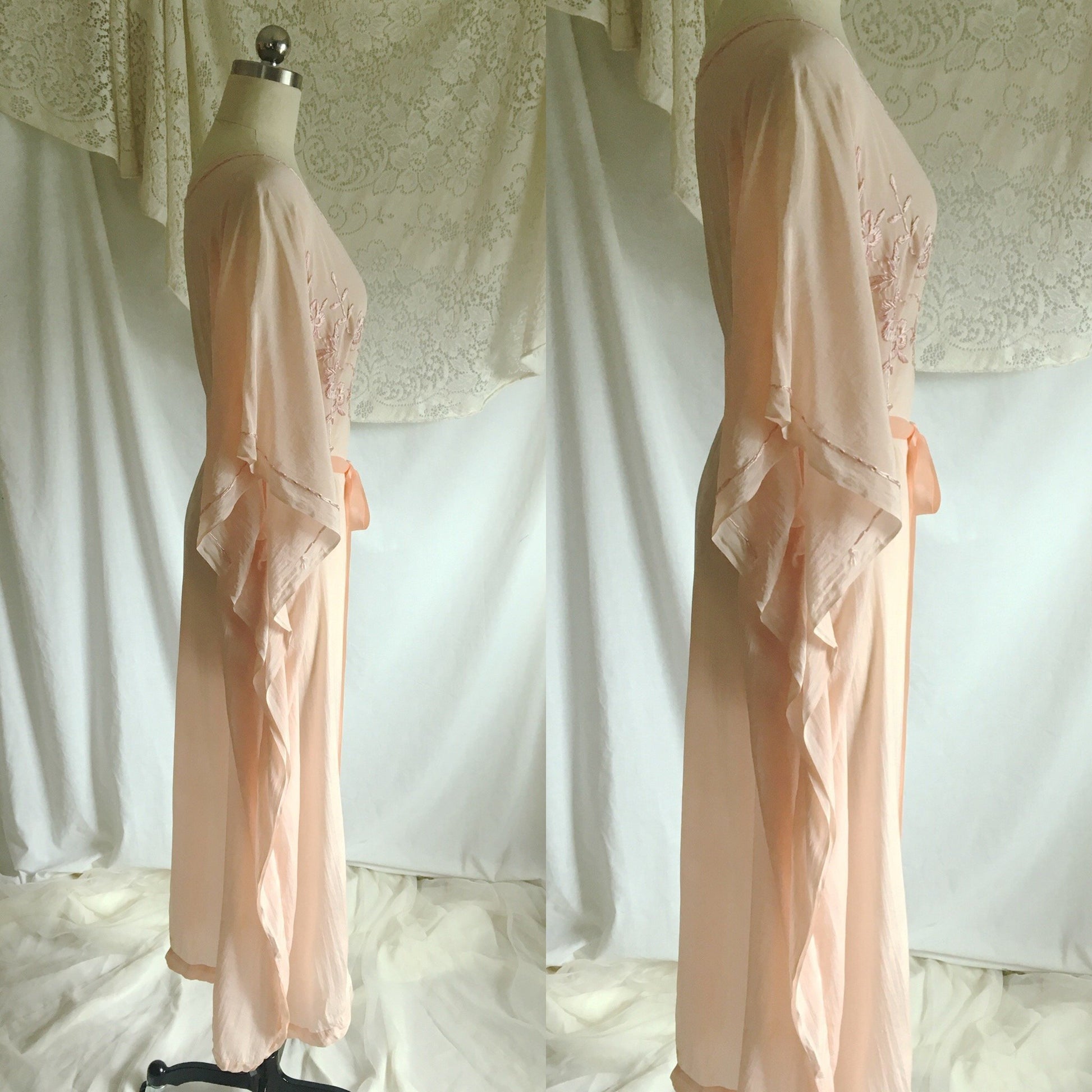 Vintage 1920's Caftan Nightgown | Powder Pink Tissue Silk with Embroidery & Ribbon Tie | Size Free - Daggers & Dames