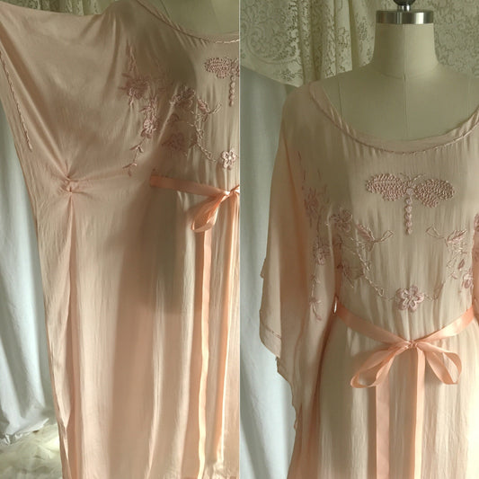 Vintage 1920's Caftan Nightgown | Powder Pink Tissue Silk with Embroidery & Ribbon Tie | Size Free - Daggers & Dames