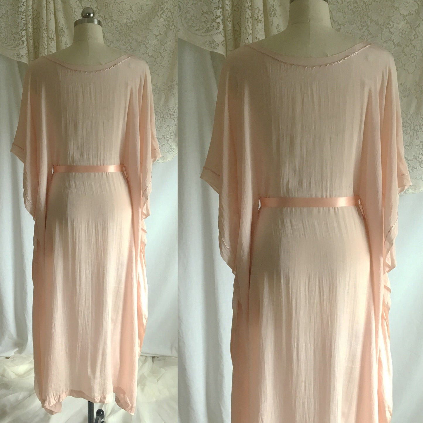Vintage 1920's Caftan Nightgown | Powder Pink Tissue Silk with Embroidery & Ribbon Tie | Size Free - Daggers & Dames