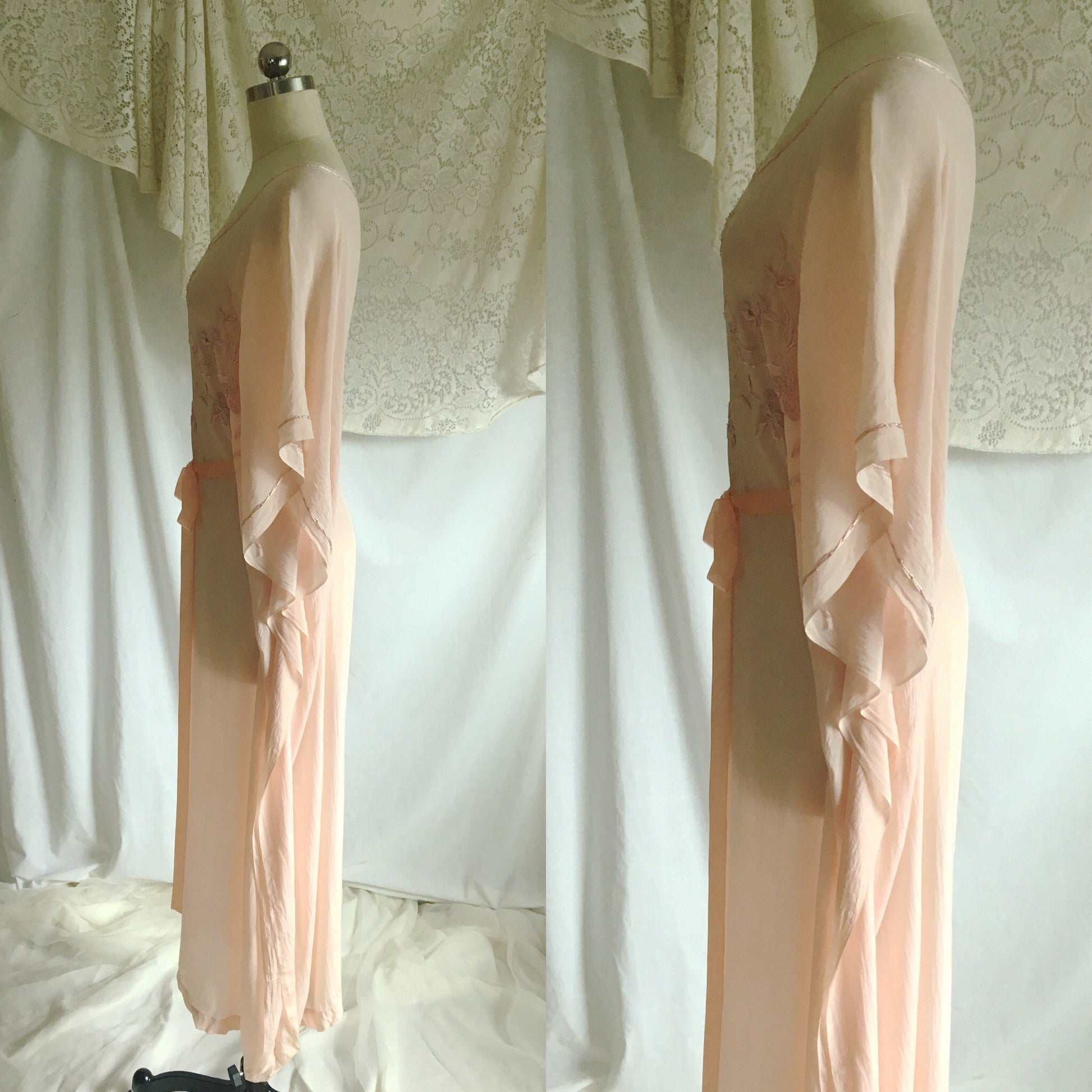 Vintage 1920's Caftan Nightgown | Powder Pink Tissue Silk with Embroidery & Ribbon Tie | Size Free - Daggers & Dames