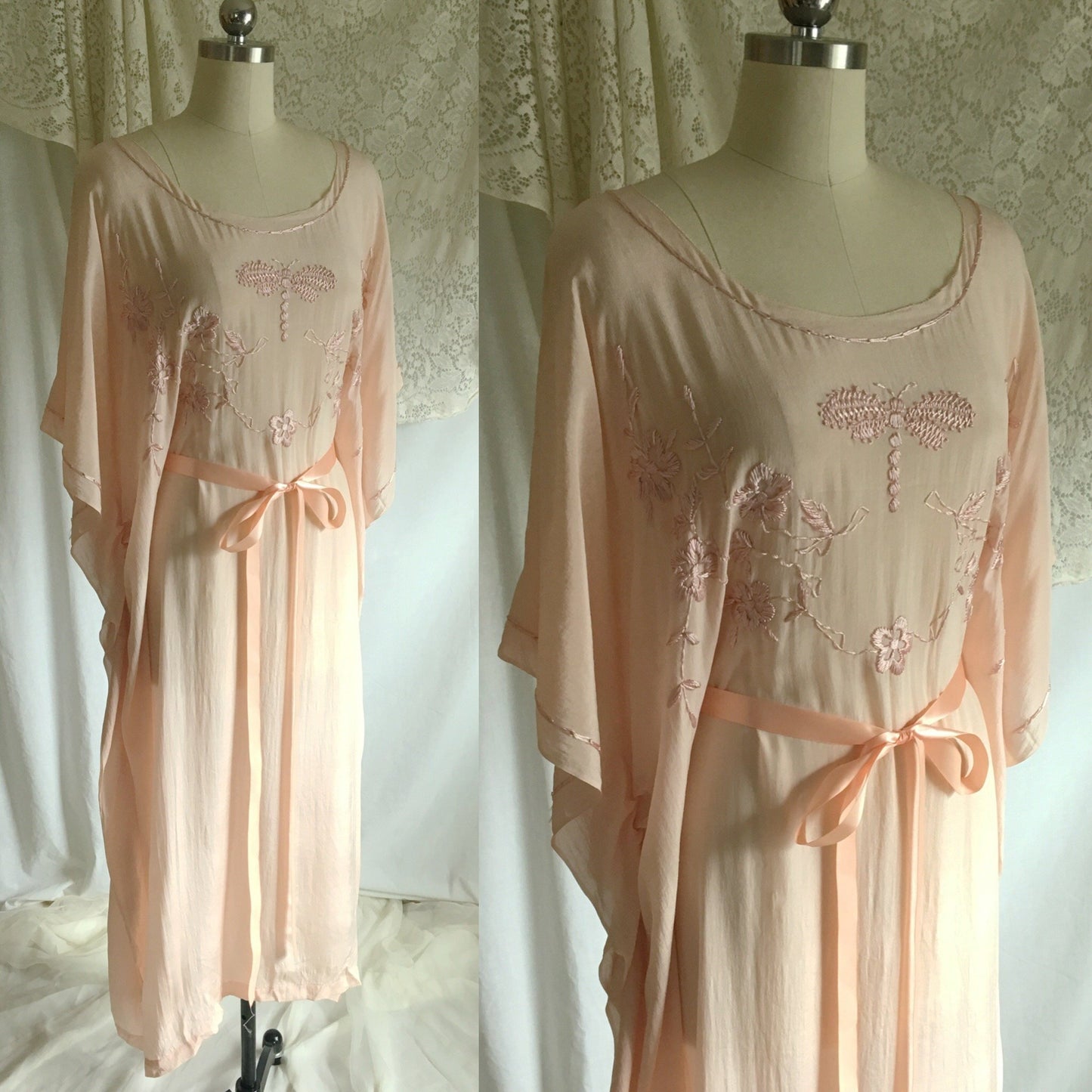 Vintage 1920's Caftan Nightgown | Powder Pink Tissue Silk with Embroidery & Ribbon Tie | Size Free - Daggers & Dames