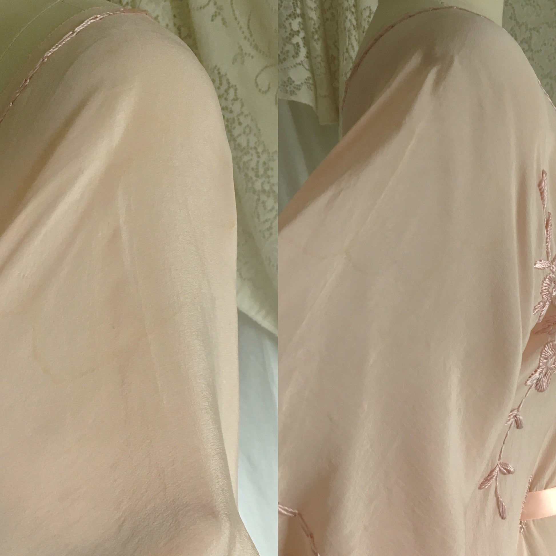 Vintage 1920's Caftan Nightgown | Powder Pink Tissue Silk with Embroidery & Ribbon Tie | Size Free - Daggers & Dames