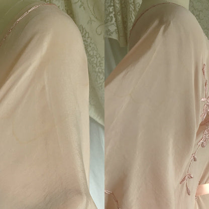 Vintage 1920's Caftan Nightgown | Powder Pink Tissue Silk with Embroidery & Ribbon Tie | Size Free - Daggers & Dames