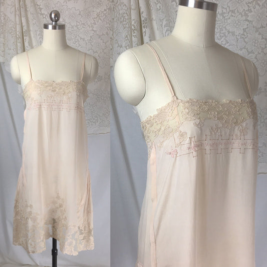 Vintage 1920's Chemise | Palest Lavender - Pink Silk with Floral Alençon Lace and Embroidery | Size S, M - Daggers & Dames