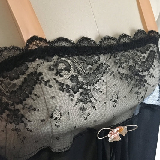 Vintage 1920's Chemise Slip | Black Silk Chiffon & Chantilly Lace with Pink Ribbon Straps | Size S - Daggers & Dames
