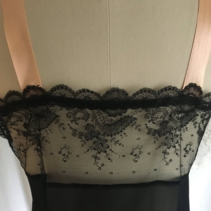 Vintage 1920's Chemise Slip | Black Silk Chiffon & Chantilly Lace with Pink Ribbon Straps | Size S - Daggers & Dames