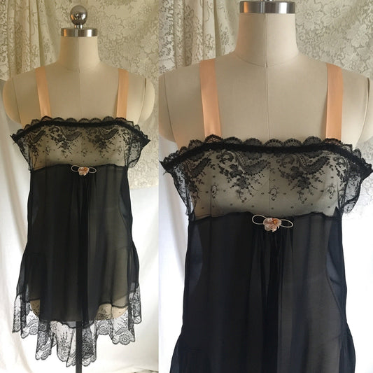 Vintage 1920's Chemise Slip | Black Silk Chiffon & Chantilly Lace with Pink Ribbon Straps | Size S - Daggers & Dames