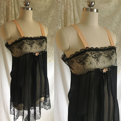 Vintage 1920's Chemise Slip | Black Silk Chiffon & Chantilly Lace with Pink Ribbon Straps | Size S - Daggers & Dames