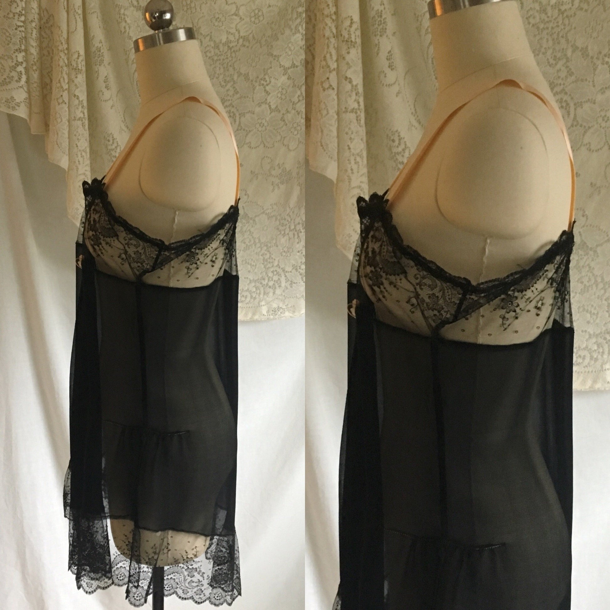 Vintage 1920's Chemise Slip | Black Silk Chiffon & Chantilly Lace with Pink Ribbon Straps | Size S - Daggers & Dames