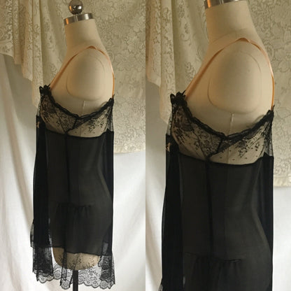 Vintage 1920's Chemise Slip | Black Silk Chiffon & Chantilly Lace with Pink Ribbon Straps | Size S - Daggers & Dames