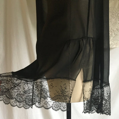 Vintage 1920's Chemise Slip | Black Silk Chiffon & Chantilly Lace with Pink Ribbon Straps | Size S - Daggers & Dames