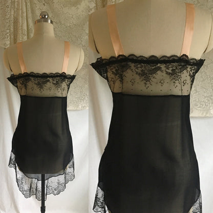 Vintage 1920's Chemise Slip | Black Silk Chiffon & Chantilly Lace with Pink Ribbon Straps | Size S - Daggers & Dames