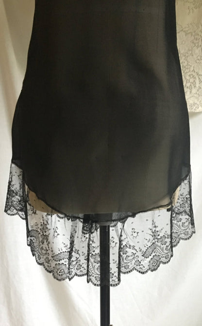 Vintage 1920's Chemise Slip | Black Silk Chiffon & Chantilly Lace with Pink Ribbon Straps | Size S - Daggers & Dames