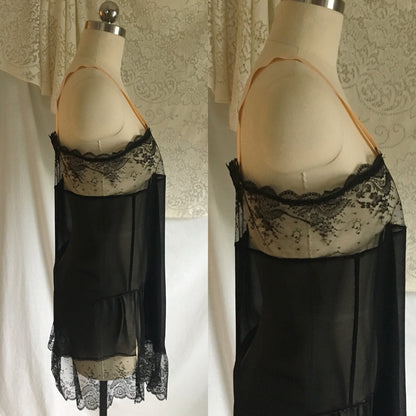 Vintage 1920's Chemise Slip | Black Silk Chiffon & Chantilly Lace with Pink Ribbon Straps | Size S - Daggers & Dames