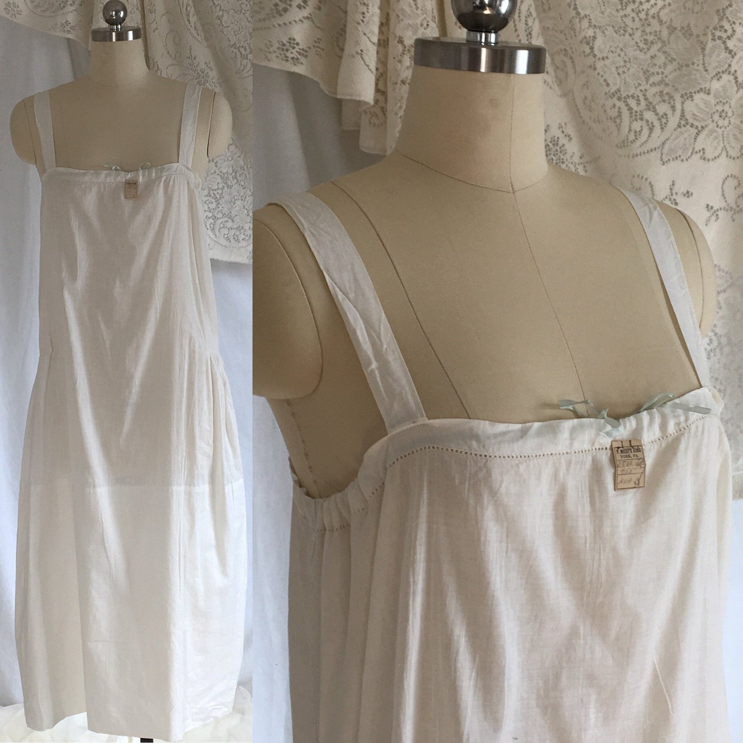 Vintage 1920's Chemise Slip | White Cotton with Ribbon Cinch | New Old Stock | Edwardian Chemise | Slip Dress | Size Free to LG - Daggers & Dames