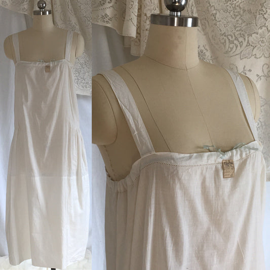 Vintage 1920's Chemise Slip | White Cotton with Ribbon Cinch | New Old Stock | Edwardian Chemise | Slip Dress | Size Free to LG - Daggers & Dames