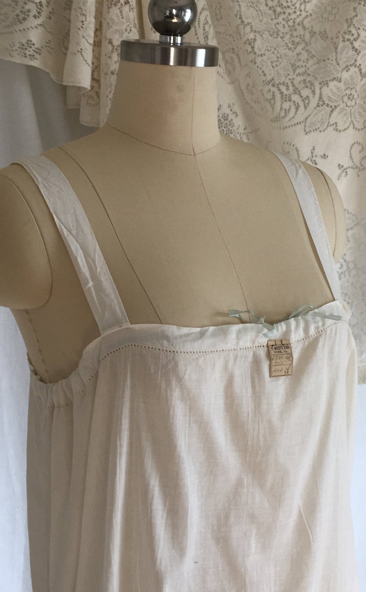 Vintage 1920's Chemise Slip | White Cotton with Ribbon Cinch | New Old Stock | Edwardian Chemise | Slip Dress | Size Free to LG - Daggers & Dames