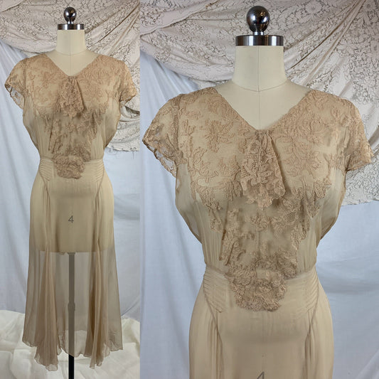 Vintage 1920's Dress | Deep Nude Silk Chiffon with Embroidered Floral Lace & Handkerchief Hem | Size SM, MED - Daggers & Dames