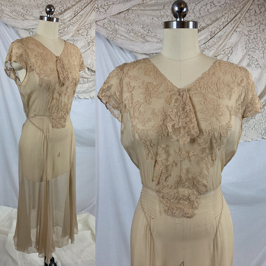 Vintage 1920's Dress | Deep Nude Silk Chiffon with Embroidered Floral Lace & Handkerchief Hem | Size SM, MED - Daggers & Dames