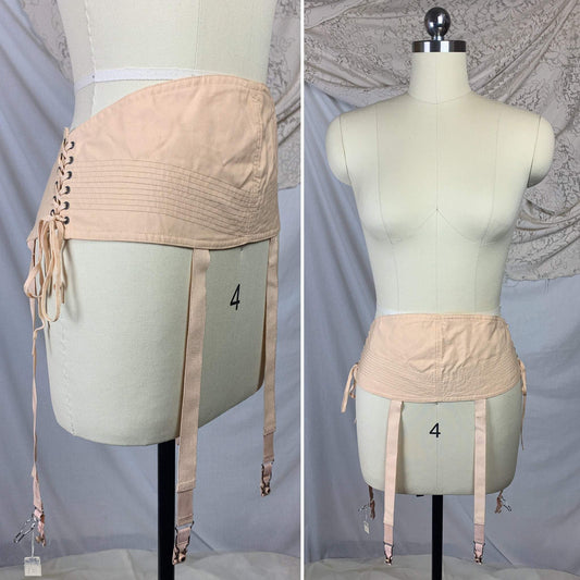Vintage 1920's Garter Belt | Peach Cotton with Pintuck Stitching & Corset Lacing | Anticipation by Lewelly - New with Tags | Size LG, XL - Daggers & Dames