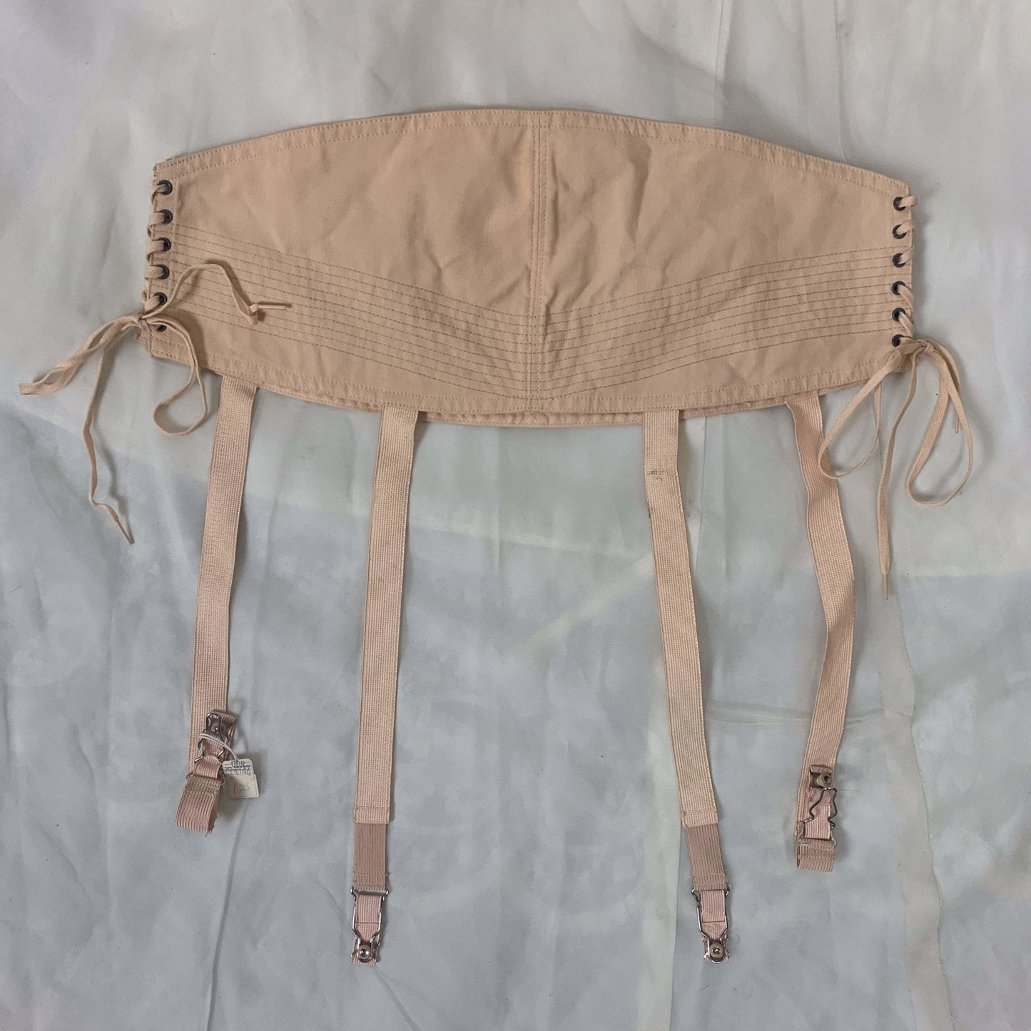 Vintage 1920's Garter Belt | Peach Cotton with Pintuck Stitching & Corset Lacing | Anticipation by Lewelly - New with Tags | Size LG, XL - Daggers & Dames