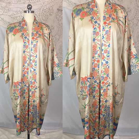 Vintage 1920's Japanese Kimono Robe | Natural Raw Pongee Silk with Floral Print | Famous Barr Co. -New without Tags | Size Free - Daggers & Dames