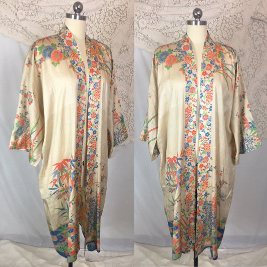 Vintage 1920's Japanese Kimono Robe | Natural Raw Pongee Silk with Floral Print | Famous Barr Co. -New without Tags | Size Free - Daggers & Dames