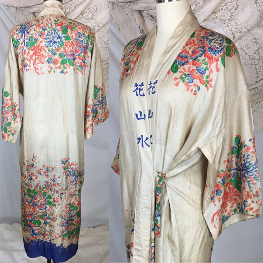 Vintage 1920's Japanese Kimono Robe | Natural Raw Pongee Silk with Painted Floral Pattern | Size Free - Daggers & Dames