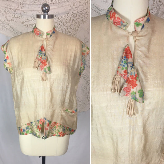 Vintage 1920's Japanese Pajama Top | Natural Raw Pongee Silk with Hand Painted Floral Print | Size M - Daggers & Dames