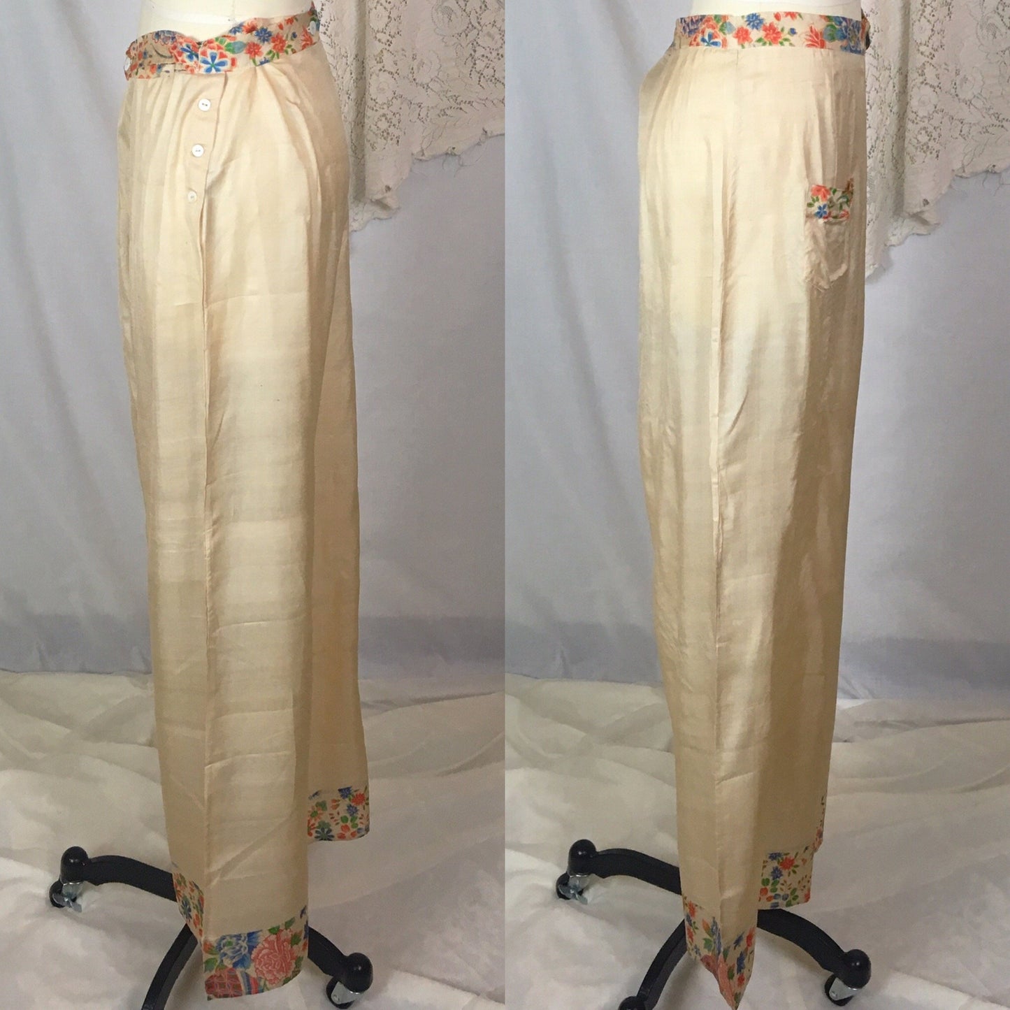 Vintage 1920's Japanese Palazzo Pants | Natural Raw Pongee Silk with Painted Floral Pattern | Size M, LG - Daggers & Dames