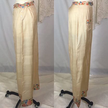 Vintage 1920's Japanese Palazzo Pants | Natural Raw Pongee Silk with Painted Floral Pattern | Size M, LG - Daggers & Dames