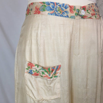 Vintage 1920's Japanese Palazzo Pants | Natural Raw Pongee Silk with Painted Floral Pattern | Size M, LG - Daggers & Dames