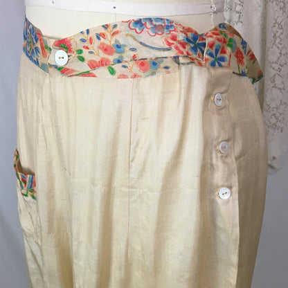 Vintage 1920's Japanese Palazzo Pants | Natural Raw Pongee Silk with Painted Floral Pattern | Size M, LG - Daggers & Dames