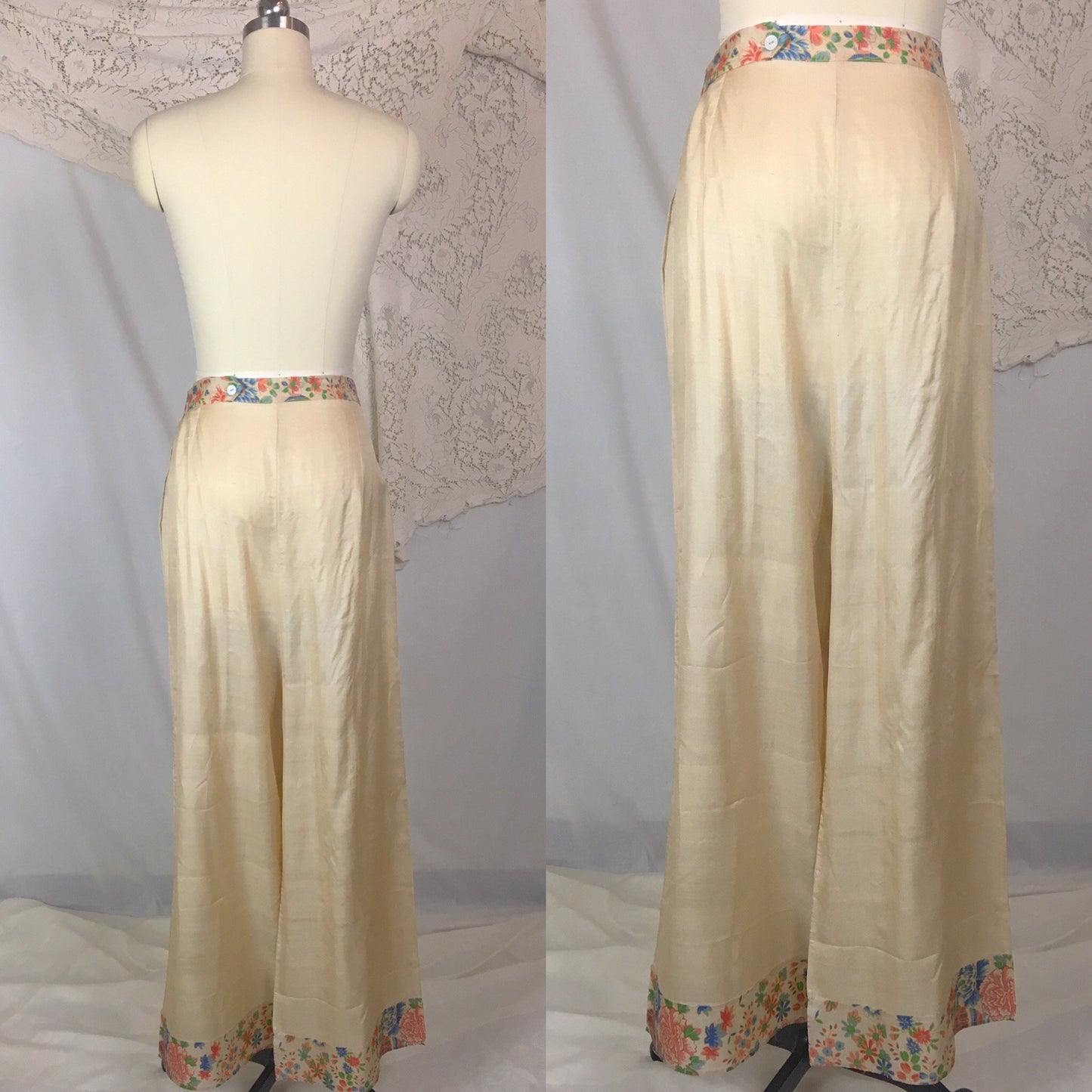 Vintage 1920's Japanese Palazzo Pants | Natural Raw Pongee Silk with Painted Floral Pattern | Size M, LG - Daggers & Dames