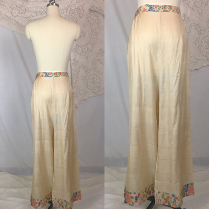 Vintage 1920's Japanese Palazzo Pants | Natural Raw Pongee Silk with Painted Floral Pattern | Size M, LG - Daggers & Dames