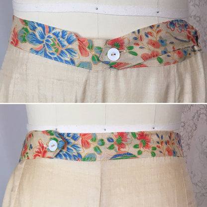 Vintage 1920's Japanese Palazzo Pants | Natural Raw Pongee Silk with Painted Floral Pattern | Size M, LG - Daggers & Dames