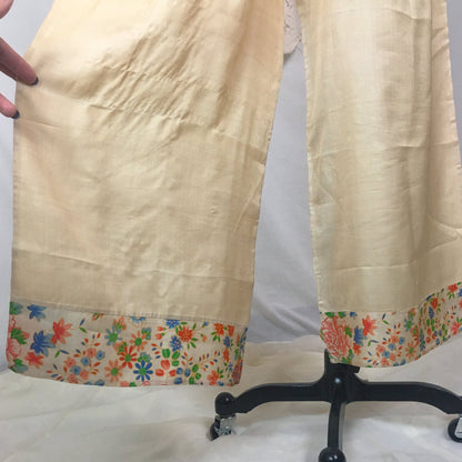 Vintage 1920's Japanese Palazzo Pants | Natural Raw Pongee Silk with Painted Floral Pattern | Size M, LG - Daggers & Dames