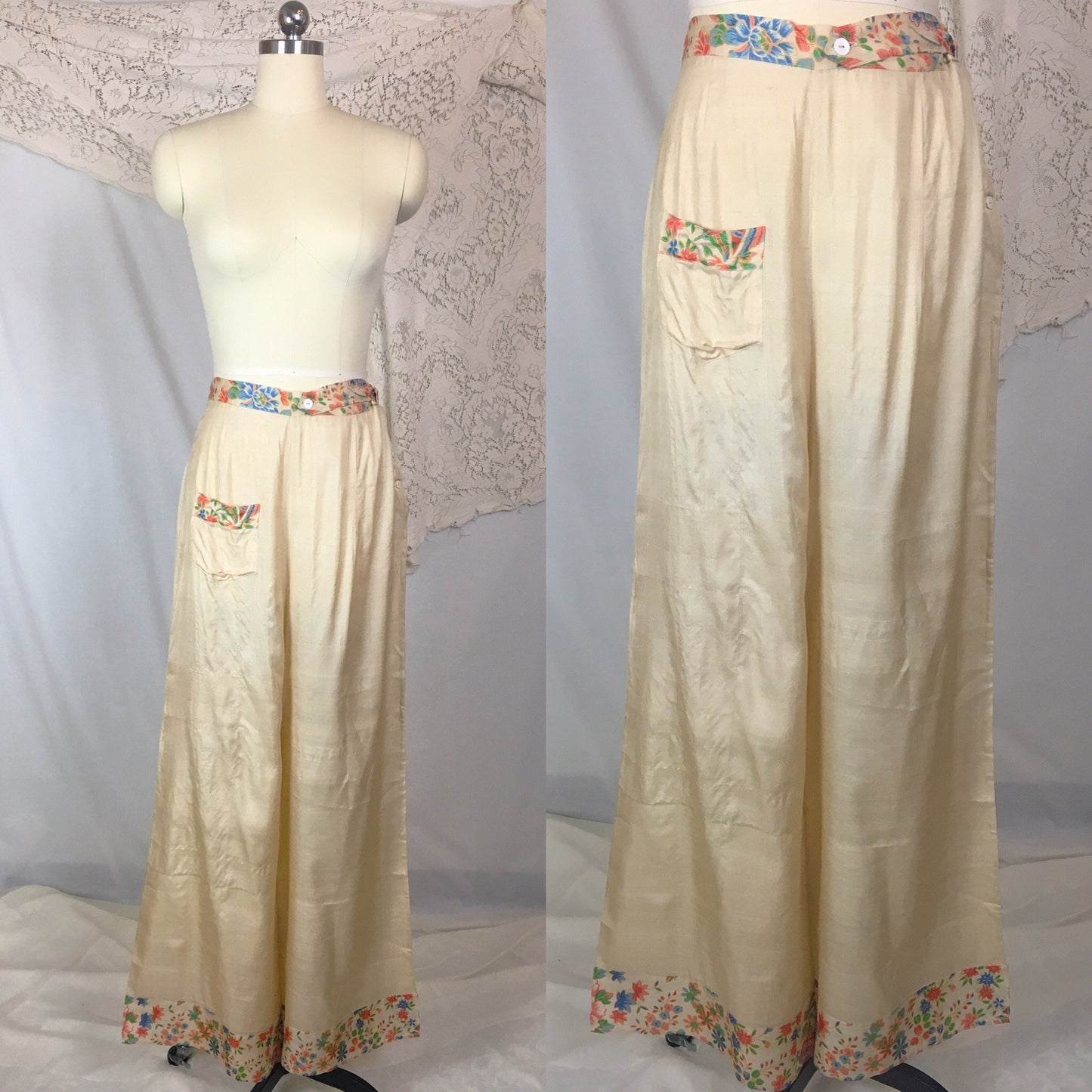 Vintage 1920's Japanese Palazzo Pants | Natural Raw Pongee Silk with Painted Floral Pattern | Size M, LG - Daggers & Dames