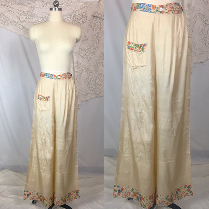 Vintage 1920's Japanese Palazzo Pants | Natural Raw Pongee Silk with Painted Floral Pattern | Size M, LG - Daggers & Dames
