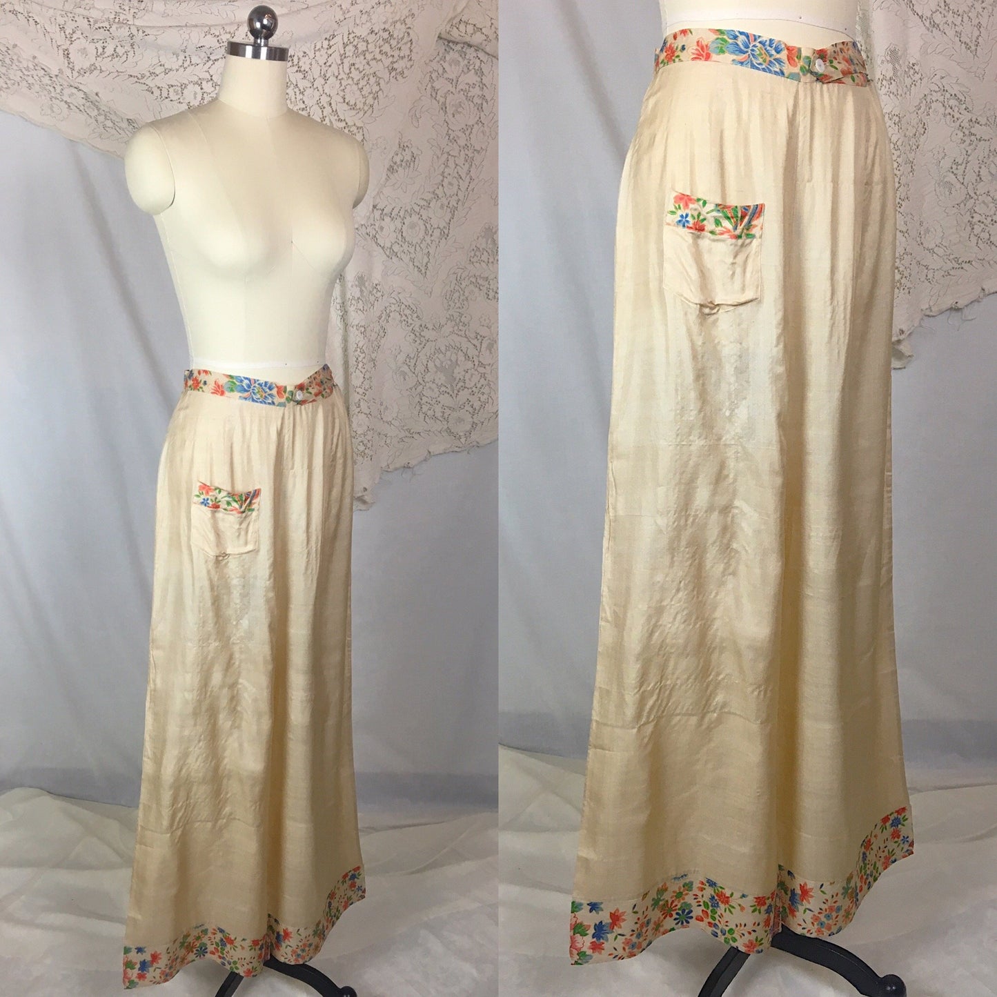Vintage 1920's Japanese Palazzo Pants | Natural Raw Pongee Silk with Painted Floral Pattern | Size M, LG - Daggers & Dames