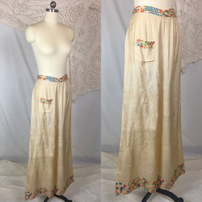 Vintage 1920's Japanese Palazzo Pants | Natural Raw Pongee Silk with Painted Floral Pattern | Size M, LG - Daggers & Dames
