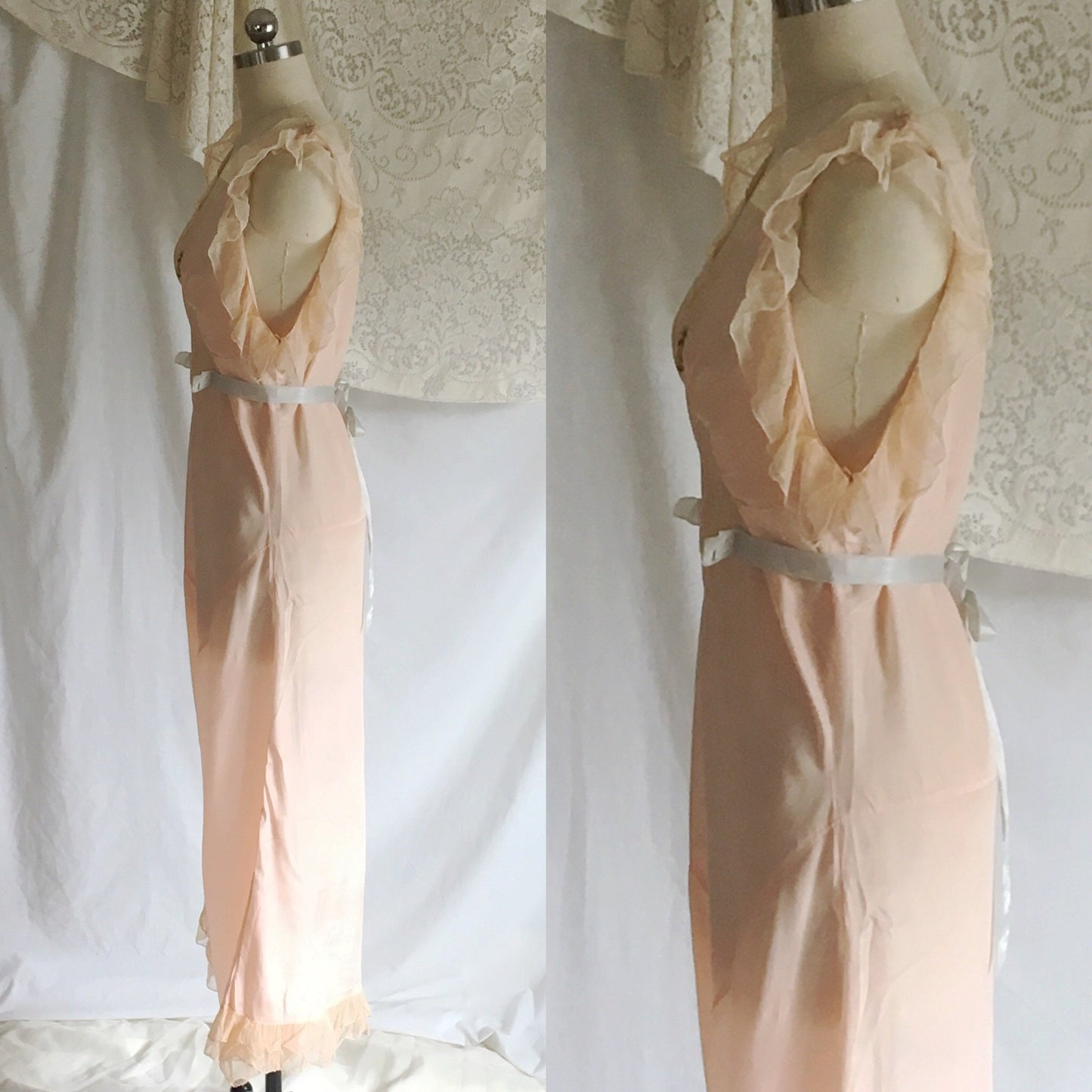 Vintage 1920's Jumpsuit Pajamas | Powder Pink Silk with Ruffled Tulle & Lace | Size S, M, LG - Daggers & Dames