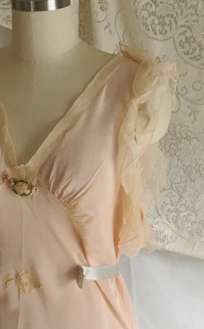 Vintage 1920's Jumpsuit Pajamas | Powder Pink Silk with Ruffled Tulle & Lace | Size S, M, LG - Daggers & Dames