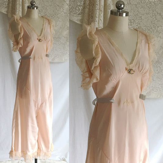 Vintage 1920's Jumpsuit Pajamas | Powder Pink Silk with Ruffled Tulle & Lace | Size S, M, LG - Daggers & Dames