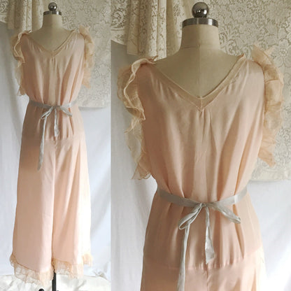 Vintage 1920's Jumpsuit Pajamas | Powder Pink Silk with Ruffled Tulle & Lace | Size S, M, LG - Daggers & Dames