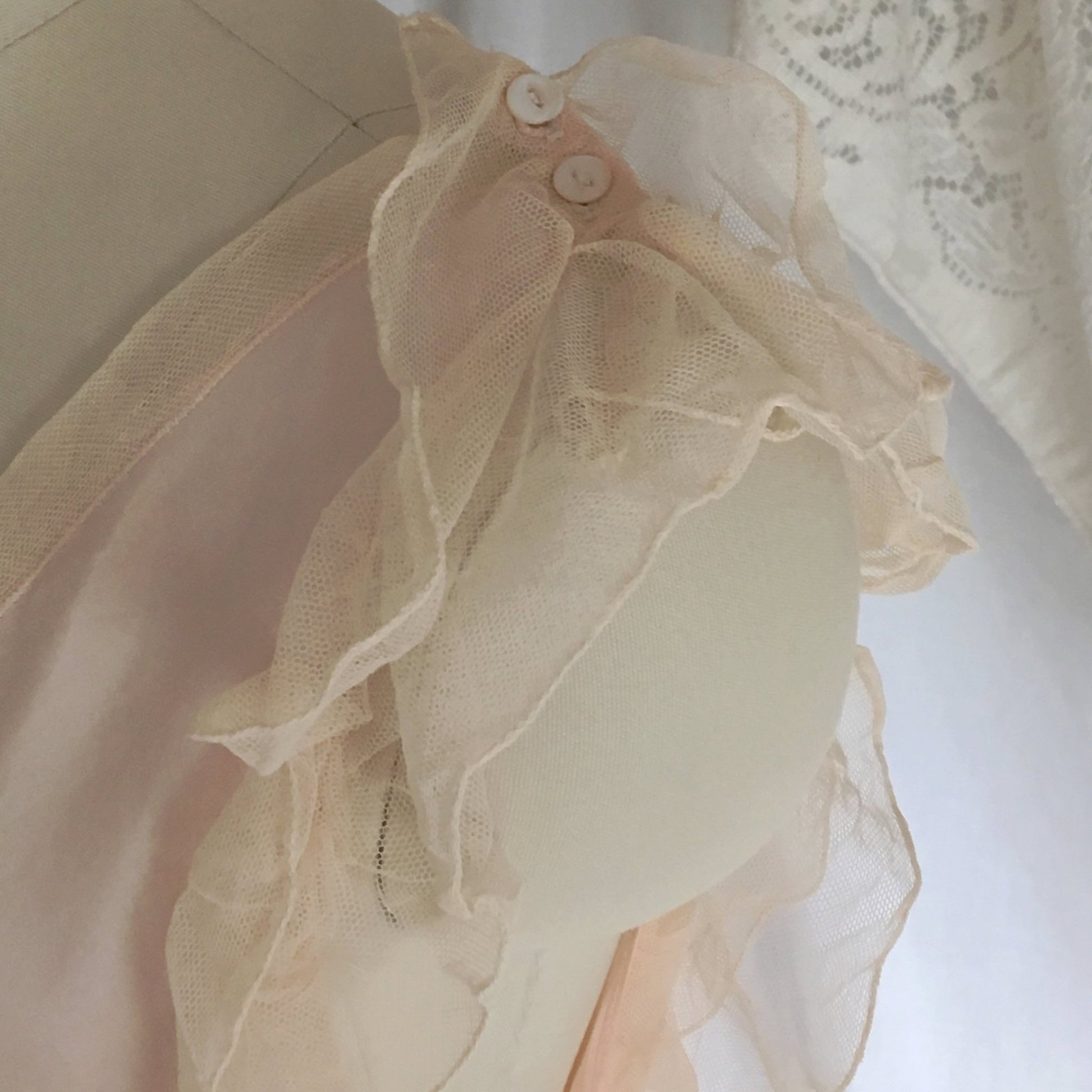 Vintage 1920's Jumpsuit Pajamas | Powder Pink Silk with Ruffled Tulle & Lace | Size S, M, LG - Daggers & Dames