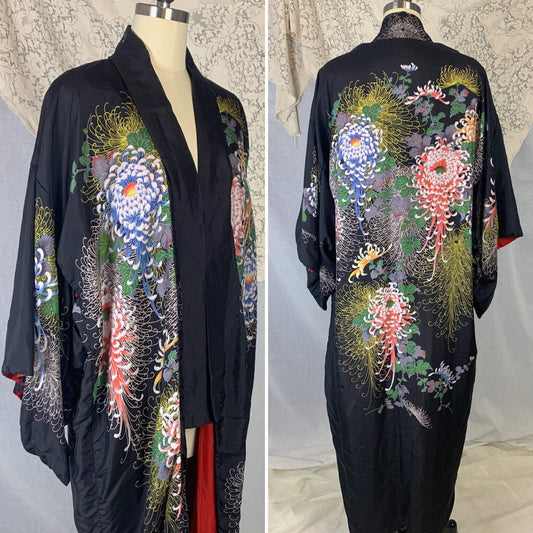 Vintage 1920's Kimono Robe | Black Tissue Silk with Floral Print & Bright Red Lining | Size Free | Made in Japan - Daggers & Dames