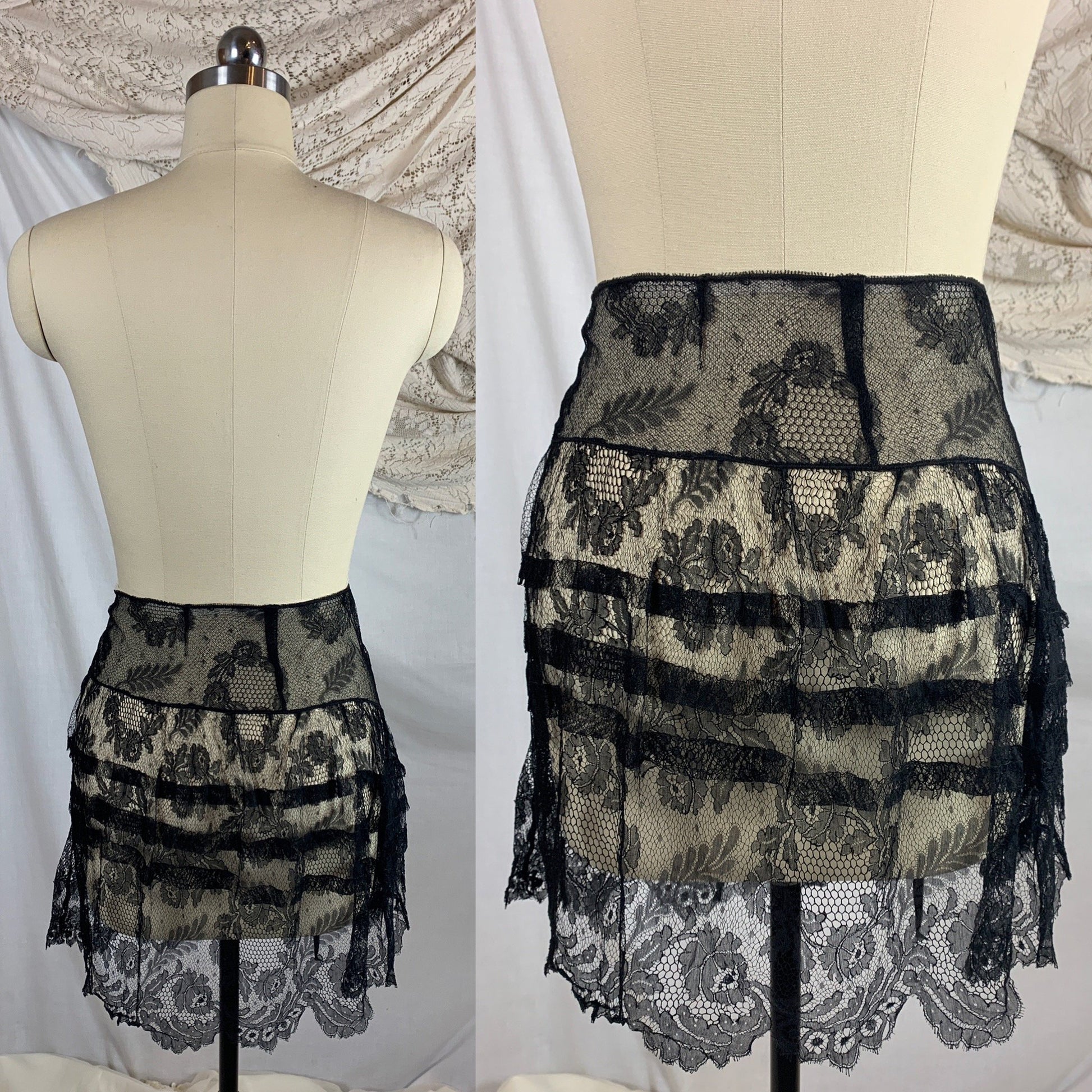 Vintage 1920's Lingerie Tap Skirt | Black Chantilly Eyelash Lace with Pink Silk Rosette Wreath | Size LG - Daggers & Dames