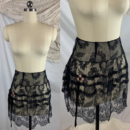 Vintage 1920's Lingerie Tap Skirt | Black Chantilly Eyelash Lace with Pink Silk Rosette Wreath | Size LG - Daggers & Dames