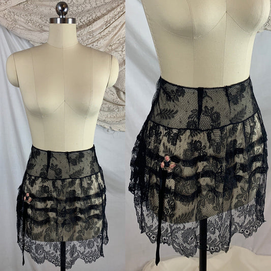 Vintage 1920's Lingerie Tap Skirt | Black Chantilly Eyelash Lace with Pink Silk Rosette Wreath | Size LG - Daggers & Dames